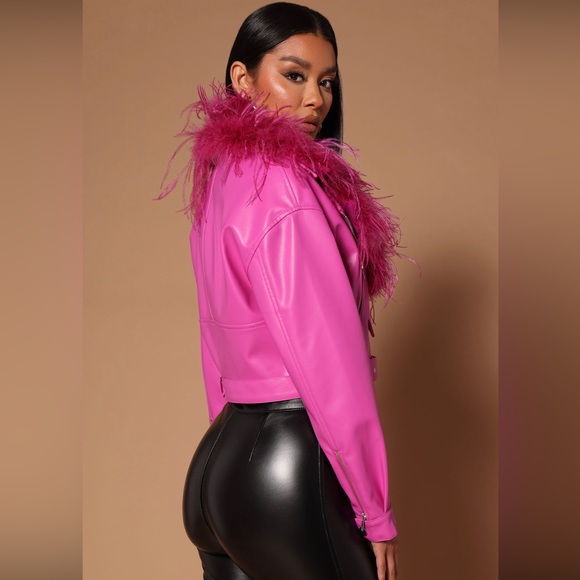 Luxe Living Pink Feather Moto Jacket - Size Large - Picture 3 of 7